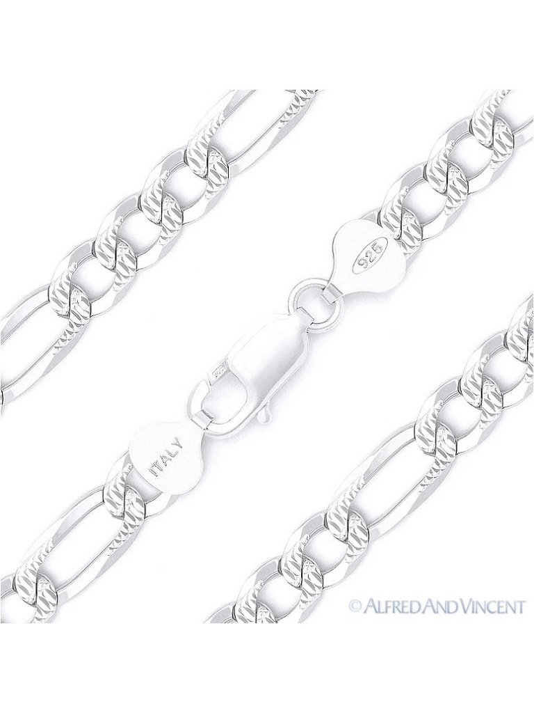 7.8mm Figaro D-Cut Pave Link Italian Chain Necklace In .925 Sterling Silver 30"